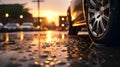 closeup of car wheel with light alloy aluminium disc and tire in wet water puddle after rain, wet asphalt at autumn day Royalty Free Stock Photo