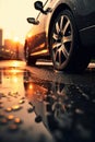 closeup of car wheel with light alloy aluminium disc and tire in wet water puddle after rain, wet asphalt at autumn day Royalty Free Stock Photo