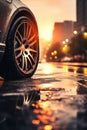 closeup of car wheel with light alloy aluminium disc and tire in wet water puddle after rain, wet asphalt at autumn day Royalty Free Stock Photo