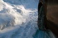 Closeup of car wheel on a snowy road at winter. Dangerous driving conditions