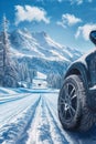 Closeup of a car wheel traveling on a snowy mountain road. Advertising image of winter tires, space for copy Royalty Free Stock Photo