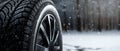 closeup of car winter tire on snowy background. banner Royalty Free Stock Photo