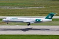 Closeup of the Carpatair F100 aircraft landing at the airport in Zurich, Switzerland Royalty Free Stock Photo