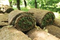 Closeup of carpet grass rugs outdoors with green and brown pattern. Lawn of green grass and soil is rolled into rolls Royalty Free Stock Photo