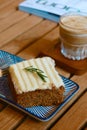 closeup carrot cake with iced coffee background