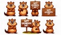 Closeup cartoon cute groundhog holding wooden sign,mockup for greetings Happy Groundhog Day. Royalty Free Stock Photo