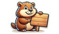 Closeup cartoon cute groundhog holding wooden sign,mockup for greetings Happy Groundhog Day.