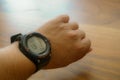 Closeup of Casio F20 Protrek Smartwatch on man's wrist Royalty Free Stock Photo
