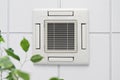 Closeup cassette Air Conditioner on ceiling in modern light office or apartment with green ficus plant leaves. Indoor