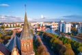 Closeup Cathedral on island of Kant Kaliningrad Russia and Fishing Village, aerial top view Royalty Free Stock Photo