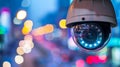Closeup of a cctv camera with city lights bokeh in the backdrop Royalty Free Stock Photo