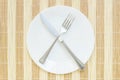 Closeup white ceramic dish with stainless fork and knife on wood mat textured background on dining table in top view in unfinished