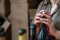 Closeup of a champaign bottle in a woman's hands