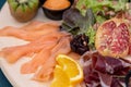 Closeup of a Charcuterie plate on a green tablecloth