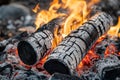 Closeup of Charred Burning Logs in a Dying Fire Outside on Ashcovered Ground Royalty Free Stock Photo