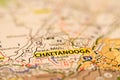 Closeup of Chattanooga on a geographical map.