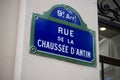 Chaussee d`antin street name on the traditional parisian street plate on stoned building Royalty Free Stock Photo