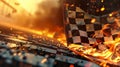 A closeup of the checkered flag being waved by the flagman signaling the final lap and igniting a burst of energy in the