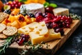 Closeup of a Cheese Board with Swiss, Brie, Crackers, and Fruit Royalty Free Stock Photo