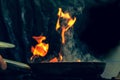 Closeup chef cooking with fire In a frying pan on blurred background Royalty Free Stock Photo