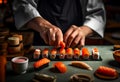 Closeup of chef hands preparing japanese food. Japanese chef making sushi at restaurant. AI Generated