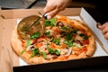 Closeup of chef's hand cutting pizza with pizza cutter. Man cutting pizza in delivery box on slices with special Royalty Free Stock Photo