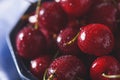 Closeup cherry with drops in blue plate