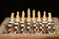 Closeup of chess pieces on a wooden chess board Royalty Free Stock Photo