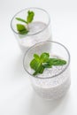 Closeup of chia seed pudding with mint
