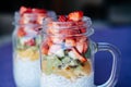 Closeup Chia seed pudding with Strawberry, kiwi, orange served i