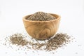 Closeup Chia Seed in wood bowl with white background