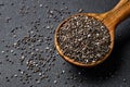 closeup chia seeds in wooden scoop on black background