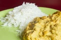 Closeup of chicken topped with tikka masala sauce with basmati rice in the background. Royalty Free Stock Photo