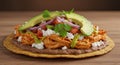 Closeup of a Chicken Tostada with Avocado and Salsa Verde Royalty Free Stock Photo