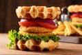 Closeup chicken waffle sandwich with lettuce and tomato