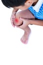 Closeup of child injured at knee. Isolated on white background.