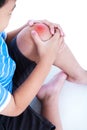 Closeup of child injured at knee, on white background.