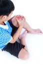 Closeup of child injured at knee, on white background.