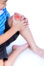 Closeup of child injured at knee, on white background.