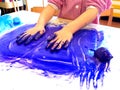 Closeup of children hands painting during a school activity - ice painting - learning by doing, education and art, art therapy Royalty Free Stock Photo