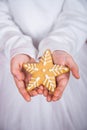 Closeup children`s hands holding Christmas cookie in form of star.