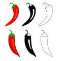 Closeup chilly peppers icons. Red hot chilli pepper, black and outline. Cartoon mexican chilli or chillies illustration Royalty Free Stock Photo