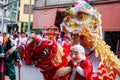 Closeup Chinese lion dancer and the old man performance in Chinese respect the gods