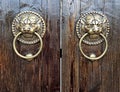 Closeup of Chinese lion door knockers on a wooden door Royalty Free Stock Photo