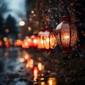 Closeup of Chinese New year red paper laterns and decoration with lights on the street of city