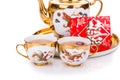 Closeup on Chinese tea set with envelope bearing the word double happiness Royalty Free Stock Photo