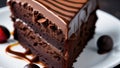 Closeup Chocolate Cake, Chocolate Fudge Cake on White Plate, Macro of Layer Cake
