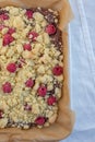 Closeup of chocolate cake with raspberry and streusel Royalty Free Stock Photo
