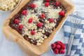 Closeup of chocolate cake with raspberry and streusel Royalty Free Stock Photo