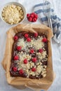 Closeup of chocolate cake with raspberry and streusel Royalty Free Stock Photo